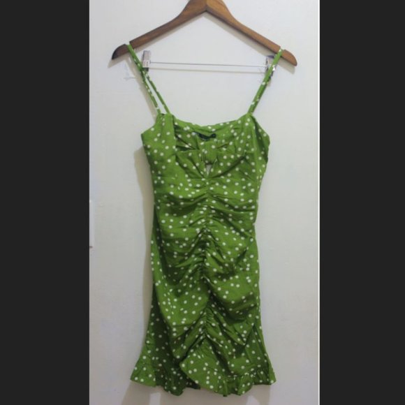 NTW Linen Blend Polka Dot Green Draped Dress. - Picture 2 of 6